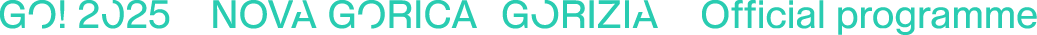 Logo and text reading 'GO! 2025 NOVA GORICA GORIZIA Official programme' in turquoise color on a white background.