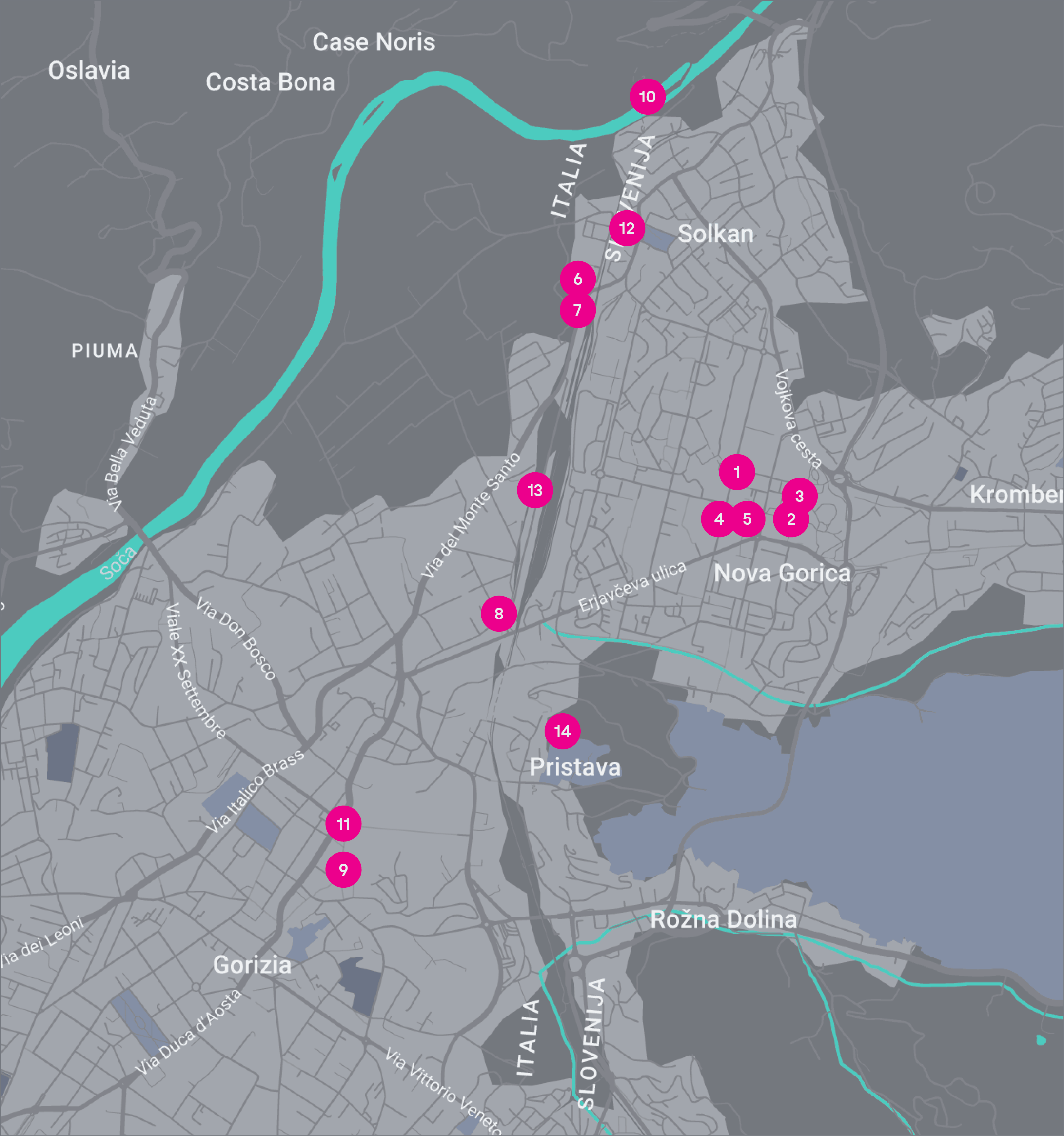 Map showing the border area between Italy and Slovenia with towns including Gorizia, Nova Gorica, Solkan, and Pristava, marked with numbered pink location pins.