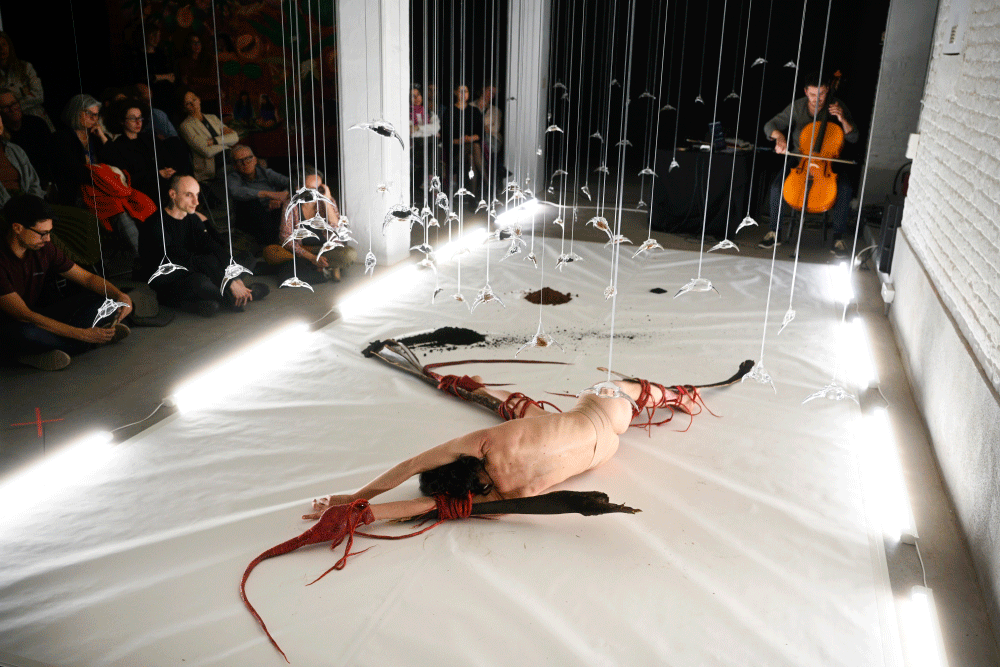 Naked person lying face down on a white floor with red cords tied around their arms and legs, surrounded by hanging bird-like sculptures and an audience watching, while a cellist plays in the background.
