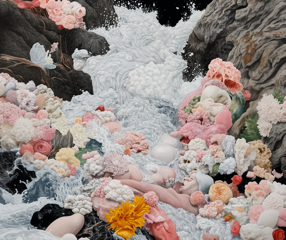 Surreal scene of two nude figures lying among colorful coral-like formations with flowing white water and rocky cliffs in the background.