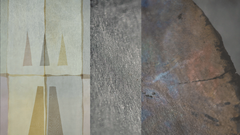 Triptych of three textured close-ups: abstract geometric shapes on fabric, metallic surface with fine scratches, and weathered, cracked wood.