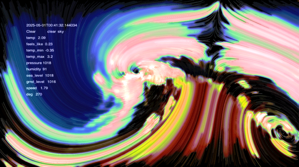 Abstract colorful swirling light pattern with overlaid weather data including temperature, humidity, and pressure on the left side.