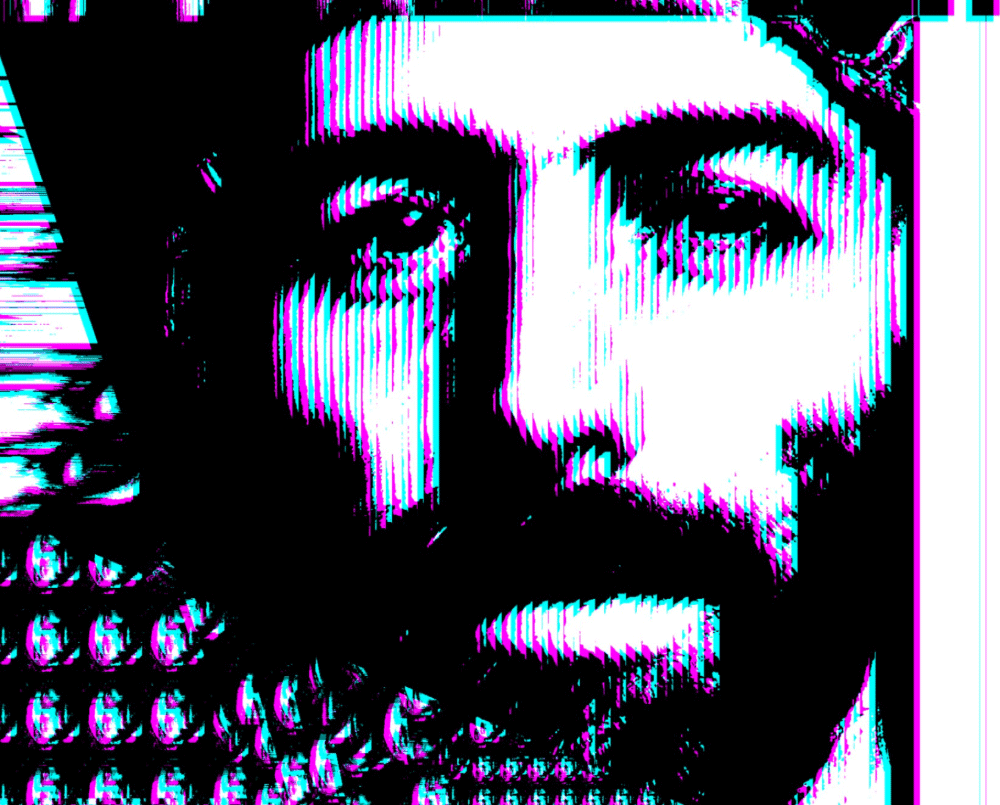 Close-up glitch art portrait of a bearded man with intense eyes in black, white, cyan, and magenta tones.