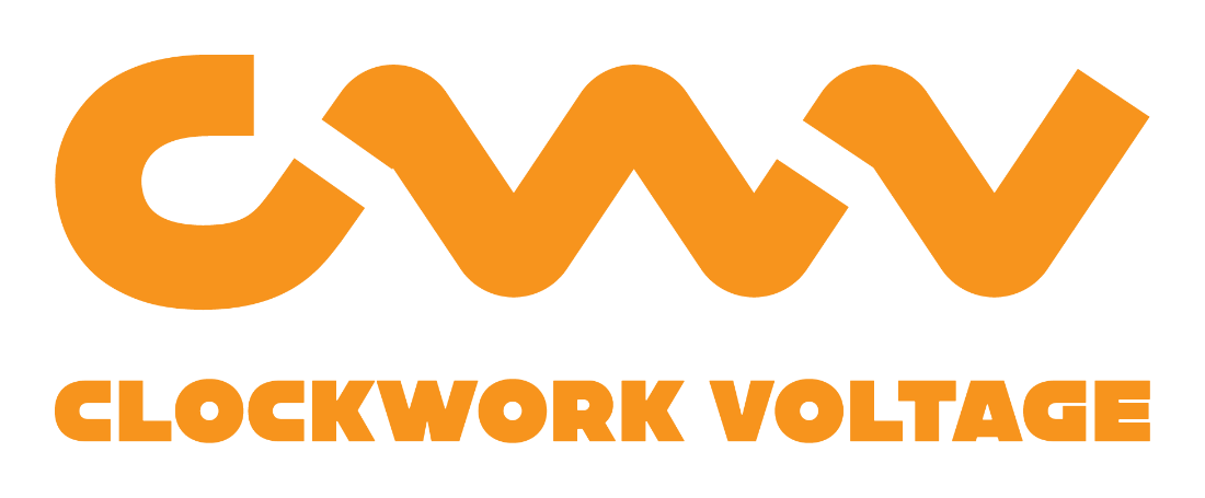 Orange stylized logo with letters 'CWV' above the text 'CLOCKWORK VOLTAGE' in bold uppercase.