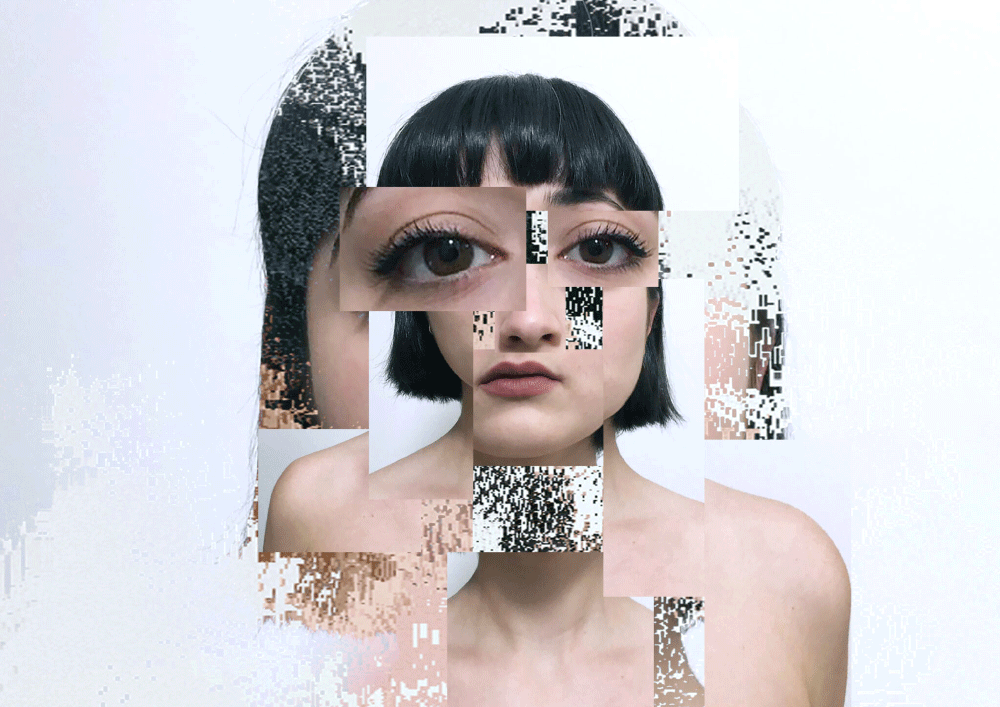 Abstract fragmented portrait of a woman with short black hair and bare shoulders, composed of overlapping rectangular segments.