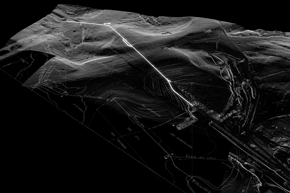 3D topographic map displaying terrain with contour lines and a highlighted white path winding through hilly landscape.
