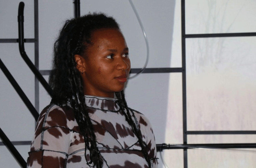 Woman with long braided hair wearing a brown and white patterned top, standing indoors near a window with black metal framing.