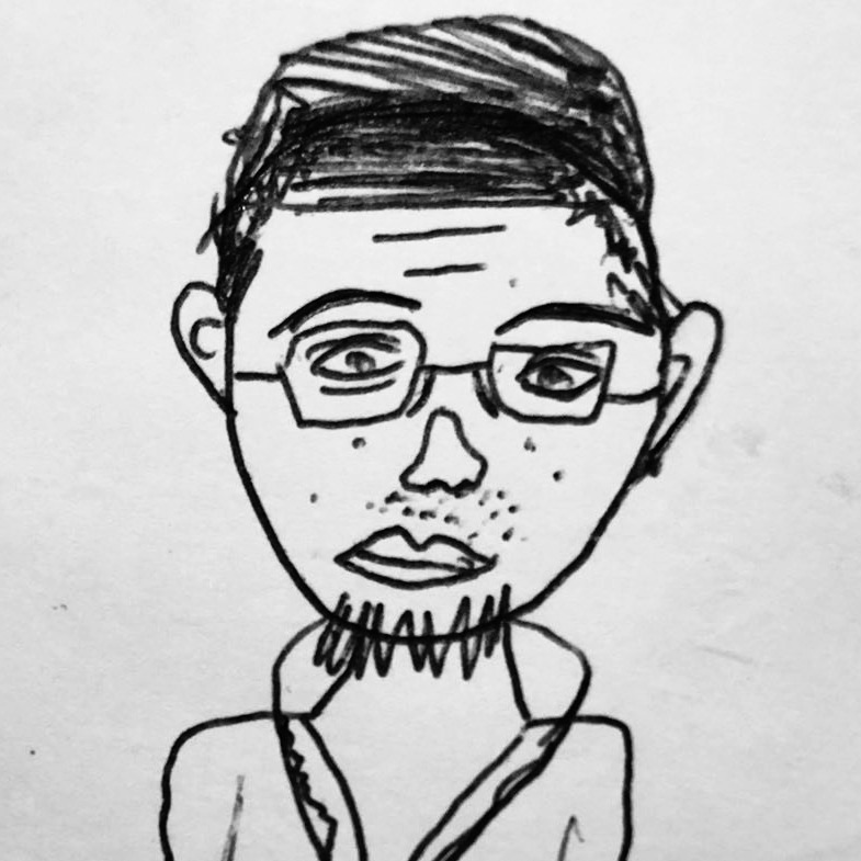 Black and white hand-drawn sketch of a man with glasses, short hair, a small beard, and wearing a collared shirt.