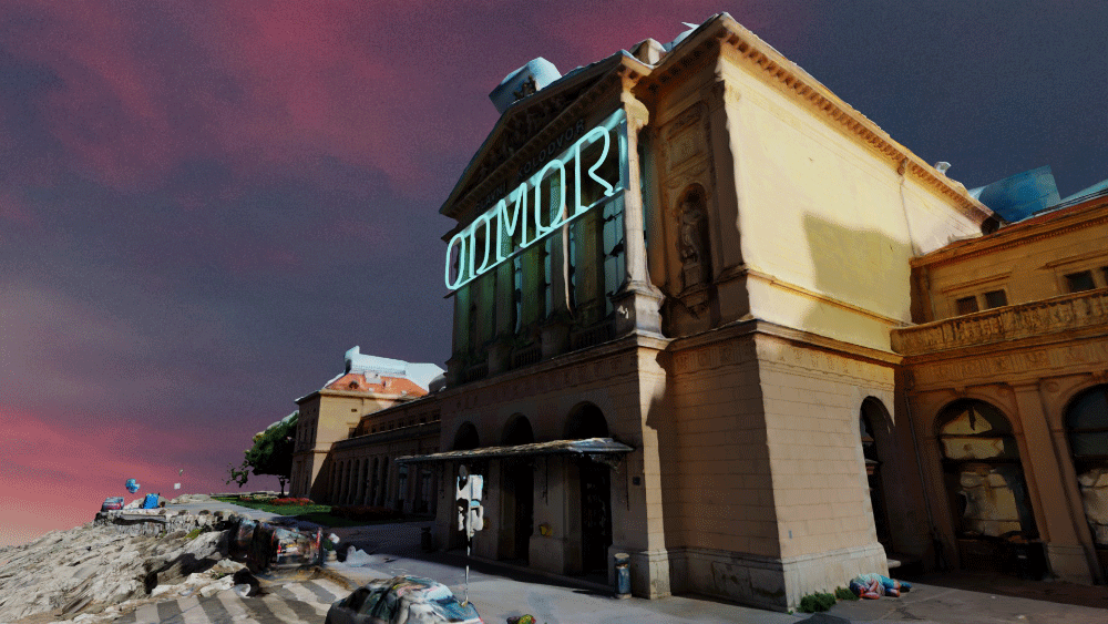Old large classical building with a neon sign reading 'ODMOR' under a colorful dusk sky with scattered debris and abandoned cars nearby.