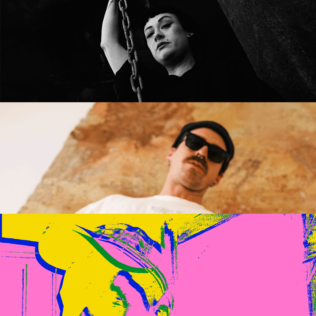 Collage of three portraits showing a person with short dark hair holding a chain in black and white, a man with a mustache wearing sunglasses against a textured wall, and a colorful stylized abstract portrait.