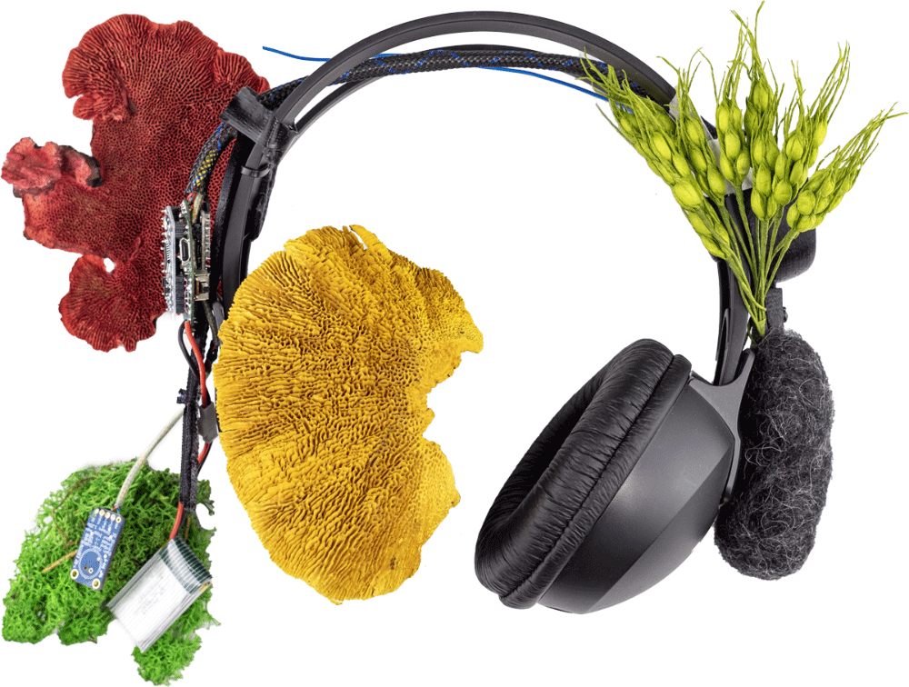 Black headphones decorated with red, yellow, and green coral-like structures, electronic components, and green plant stems attached.
